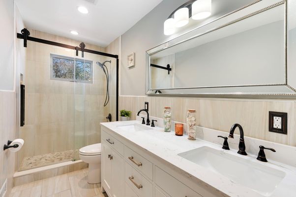 Bathroom, Dual Sink Vanities, Glass Shower, Interior, Recessed Lighting