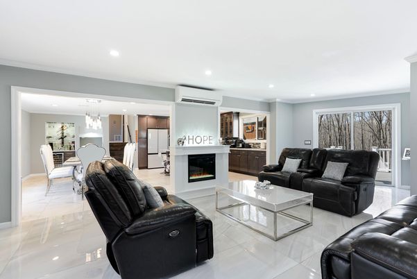 Dining room, Fireplace, Interior, Kitchen, Living room, Pendant Lights, Recessed Lighting