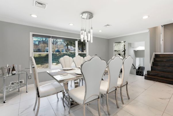 Dining room, Interior, Marble, Pendant Lights, Recessed Lighting