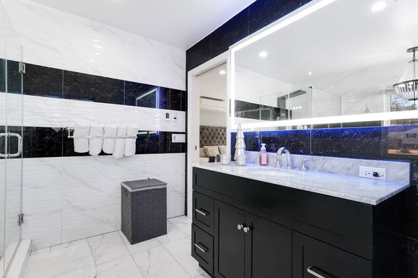 Bathroom, Glass Shower, Interior, Marble, Marble Walls, Pendant Lights, Recessed Lighting