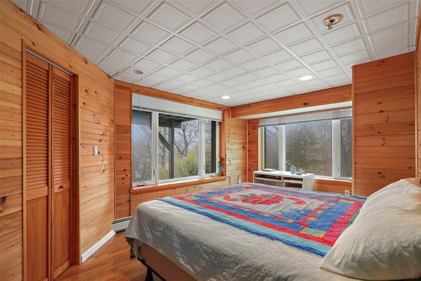 Bedroom, Interior, Recessed Lighting, Wood Texture Flooring, Wooden Walls