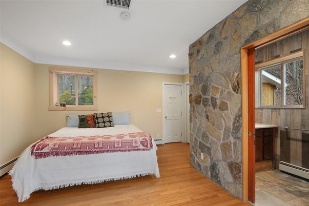 Bedroom, Interior, Recessed Lighting, Stone Walls, Wood Texture Flooring