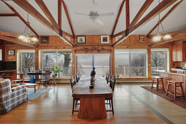 Dining room, Interior, Pendant Lights, Piano, Wooden Beams, Wood Texture Flooring, Wooden Walls