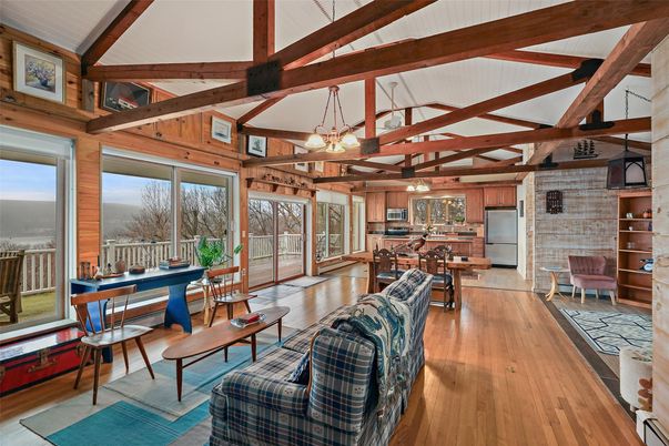 Dining room, Interior, Kitchen, Pendant Lights, Stone Walls, Wooden Beams, Wood Texture Flooring