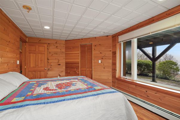 Bedroom, Interior, Recessed Lighting, Wood Texture Flooring, Wooden Walls
