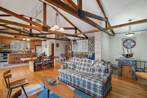 Dining room, Interior, Kitchen, Living room, Pendant Lights, Stone Walls, Wooden Beams, Wood Texture Flooring
