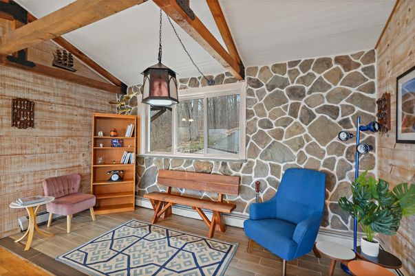 Interior, Pendant Lights, Stone Walls, Wooden Beams, Wood Texture Flooring