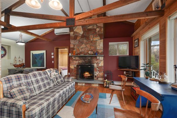 Fireplace, Interior, Living room, Pendant Lights, Stone Walls, Wooden Beams, Wood Texture Flooring
