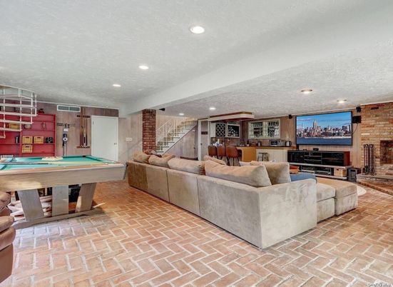 Billiard Table, Fireplace, Game Room, Interior, Living room, Recessed Lighting, Stone Walls