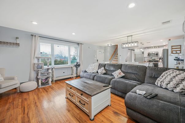 Interior, Kitchen, Living room, Pendant Lights, Recessed Lighting, Stainless Steel Appliances, Wood Texture Flooring