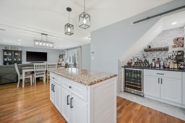 Dining room, Interior, Pendant Lights, Recessed Lighting, Wood Texture Flooring