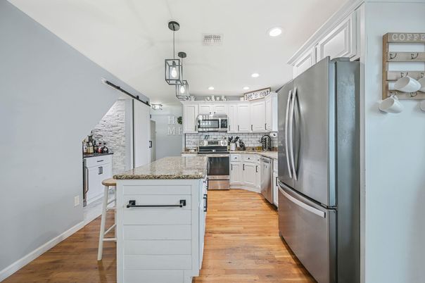Interior, Kitchen, Pendant Lights, Recessed Lighting, Stainless Steel Appliances, Wood Texture Flooring