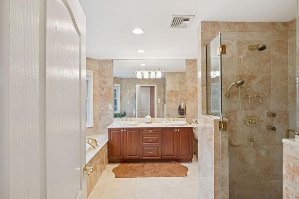 Bathroom, Dual Sink Vanities, Glass Shower, Interior, Recessed Lighting