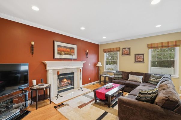 Fireplace, Interior, Living room, Recessed Lighting, Wood Texture Flooring