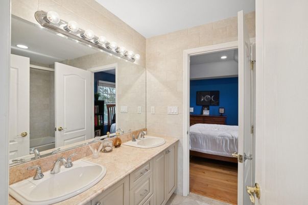 Bathroom, Bedroom, Dual Sink Vanities, Interior, Recessed Lighting, Wood Texture Flooring