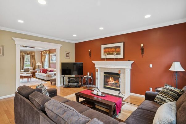 Fireplace, Interior, Living room, Recessed Lighting, Wood Texture Flooring