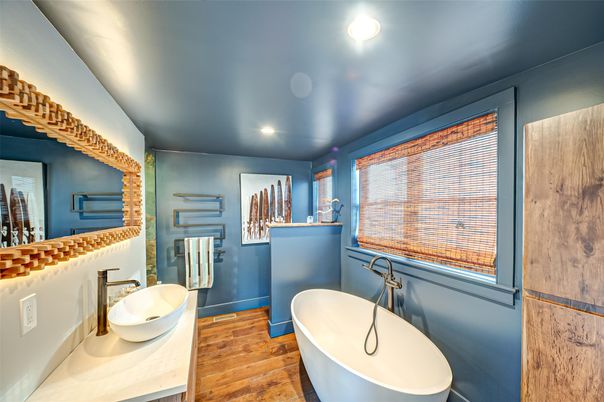 Bathroom, Free Standing Baths, Interior, Recessed Lighting, Wood Texture Flooring