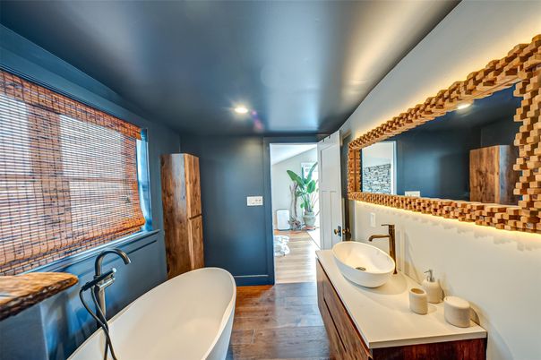 Bathroom, Dual Sink Vanities, Free Standing Baths, Interior, Recessed Lighting, Wood Texture Flooring