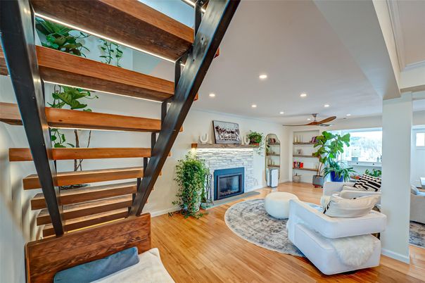Fireplace, Interior, Recessed Lighting, Wood Texture Flooring