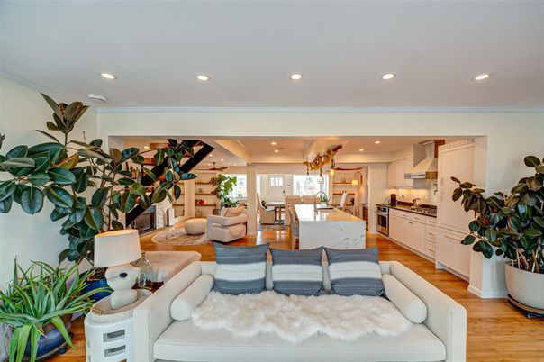 Dining room, Interior, Kitchen, Living room, Recessed Lighting, Wood Texture Flooring