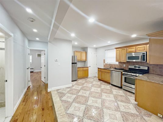 Interior, Kitchen, Recessed Lighting, Stainless Steel Appliances, Wood Texture Flooring