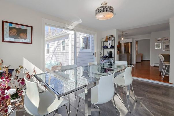 Dining room, Interior, Pendant Lights, Wood Texture Flooring
