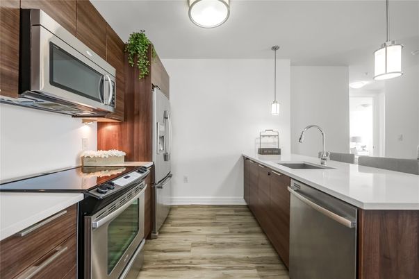 Interior, Kitchen, Pendant Lights, Stainless Steel Appliances, Wood Texture Flooring