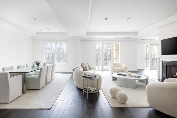Dining room, Fireplace, Interior, Living room, Recessed Lighting, Wood Texture Flooring