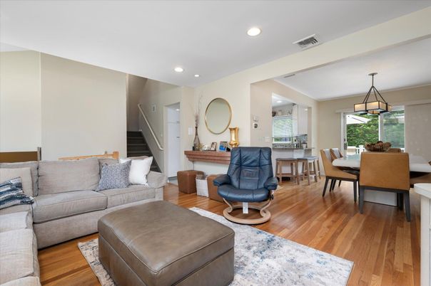 Dining room, Interior, Living room, Pendant Lights, Recessed Lighting, Wood Texture Flooring