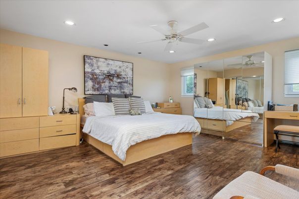 Bedroom, Interior, Recessed Lighting, Wood Texture Flooring