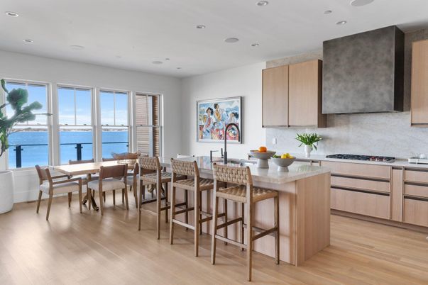 Dining room, Interior, Kitchen, Recessed Lighting, Water, Wood Texture Flooring