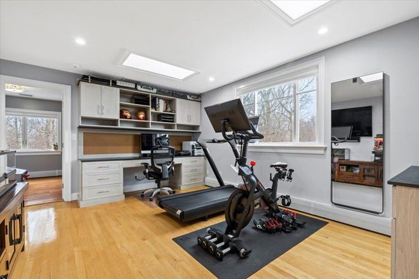 Fitness Equipment, Home Office, Interior, Recessed Lighting, Wood Texture Flooring