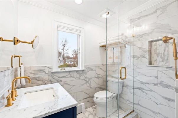 Bathroom, Glass Shower, Interior, Marble, Marble Walls, Recessed Lighting
