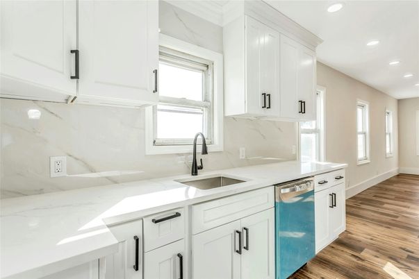 Interior, Kitchen, Marble Walls, Recessed Lighting, Wood Texture Flooring