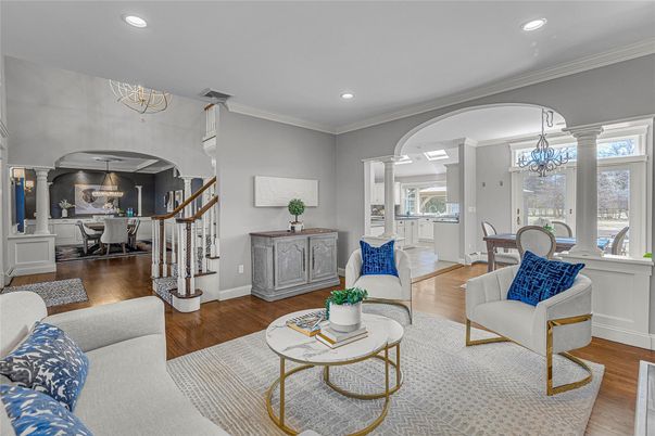 Chandelier, Dining room, Interior, Living room, Pendant Lights, Recessed Lighting, Wood Texture Flooring