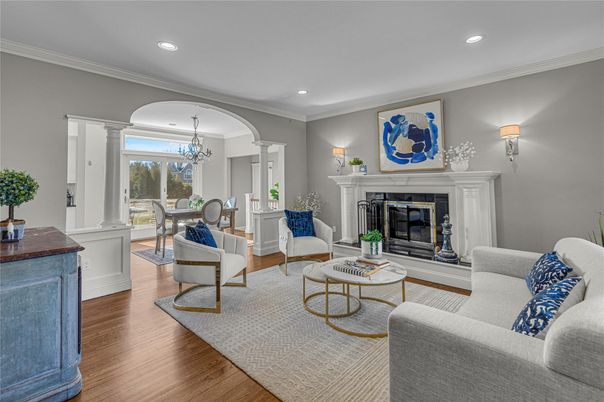 Chandelier, Dining room, Fireplace, Interior, Living room, Recessed Lighting, Wood Texture Flooring