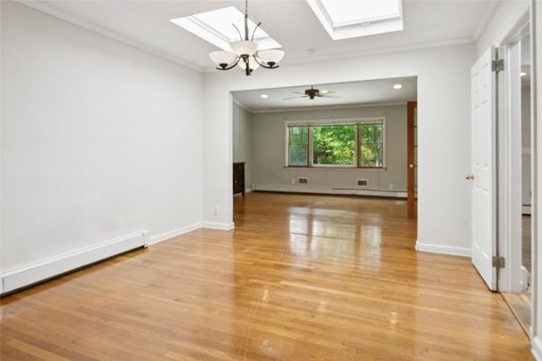 Chandelier, Empty room, Interior, Recessed Lighting, Wood Texture Flooring
