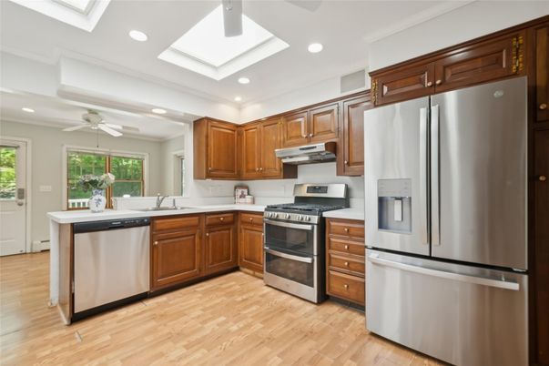 Interior, Kitchen, Recessed Lighting, Stainless Steel Appliances, Wood Texture Flooring
