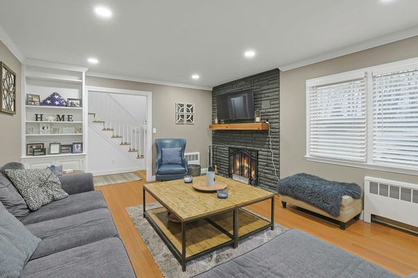 Fireplace, Interior, Living room, Recessed Lighting, Wood Texture Flooring