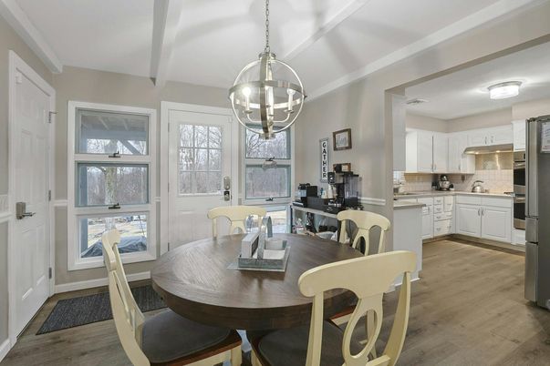 Dining room, Interior, Kitchen, Pendant Lights, Wood Texture Flooring