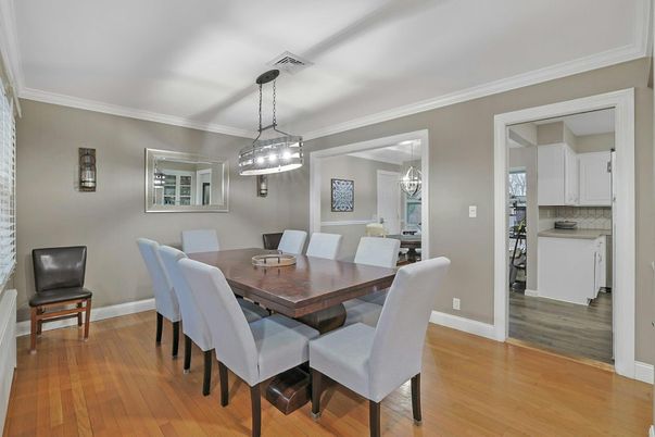 Dining room, Interior, Pendant Lights, Wood Texture Flooring