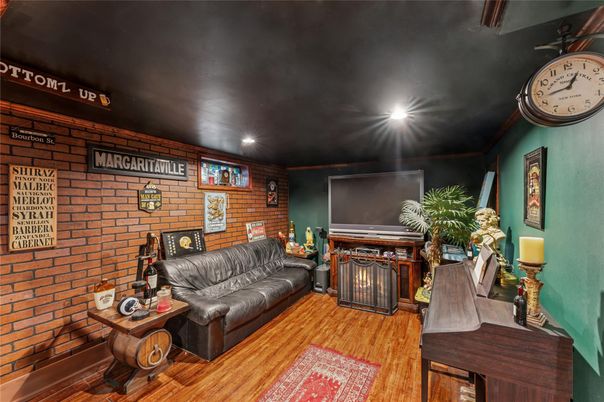 Interior, Living room, Recessed Lighting, Stone Walls, Wood Texture Flooring