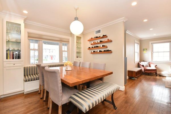 Dining room, Interior, Pendant Lights, Recessed Lighting, Wood Texture Flooring