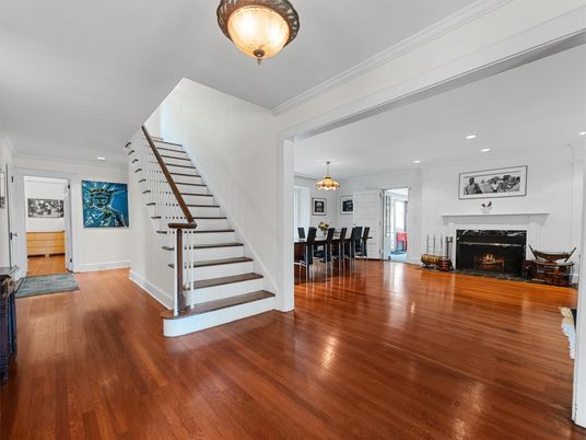 Chandelier, Dining room, Fireplace, Interior, Recessed Lighting, Wood Texture Flooring