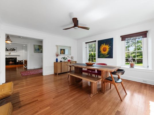 Dining room, Fireplace, Interior, Pendant Lights, Wood Texture Flooring