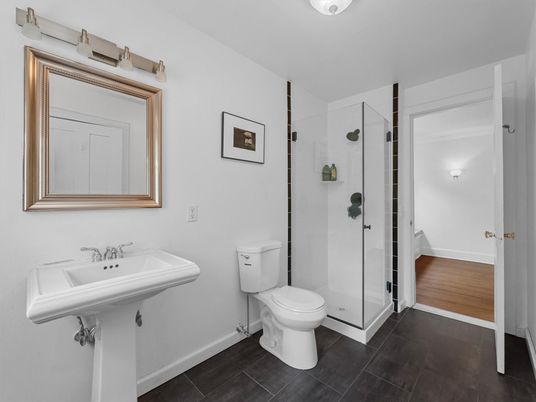 Bathroom, Glass Shower, Interior, Wood Texture Flooring