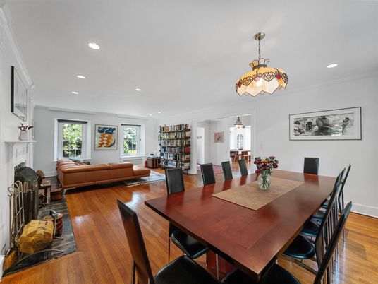 Dining room, Fireplace, Interior, Living room, Pendant Lights, Recessed Lighting, Wood Texture Flooring