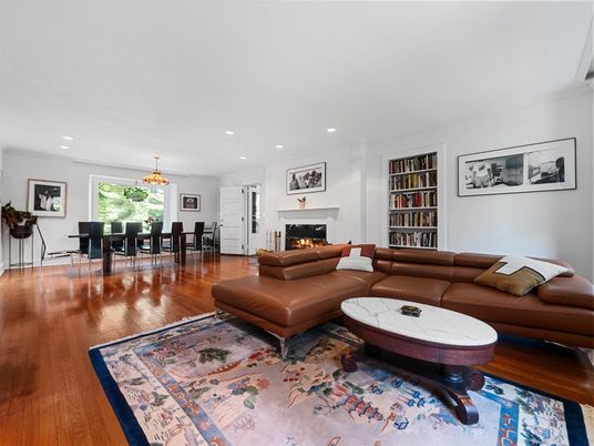 Dining room, Fireplace, Interior, Living room, Pendant Lights, Recessed Lighting, Wood Texture Flooring