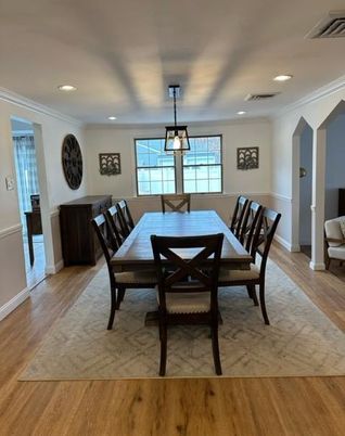 Dining room, Interior, Pendant Lights, Recessed Lighting, Wood Texture Flooring