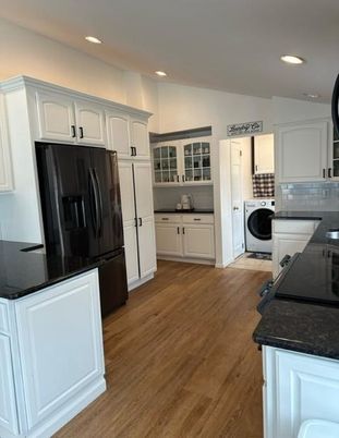 Interior, Kitchen, Recessed Lighting, Washer, Wood Texture Flooring